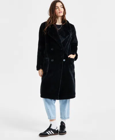 Jou Jou Juniors' Faux-fur Double-breasted Coat, Created For Macy's In Black