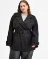Jou Jou Trendy Plus Size Double-breasted Belted Trench Coat In Black