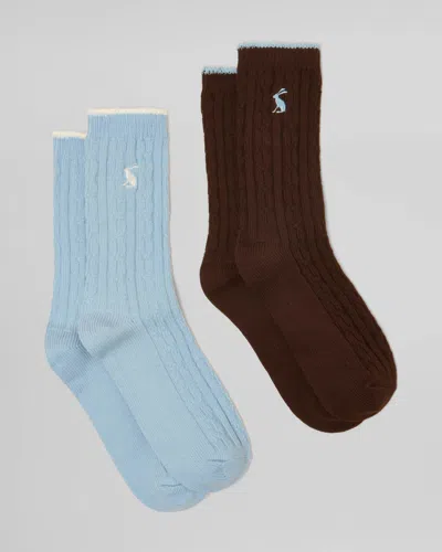 Joules 2 Pack Womens Cable Knit Cotton Blend Socks In Chocolate/blue