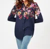 JOULES ELVINA BUTTON UP BLOUSE WITH PATCH POCKETS IN NAVY BORDER FLORAL