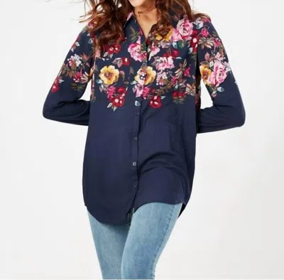 Joules Elvina Button Up Blouse With Patch Pockets In Navy Border Floral In Blue