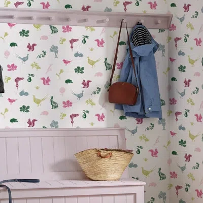 Joules Etched Woodland 33' L X 21" W Wallpaper Double Roll In Ivory,pink,blue,gold