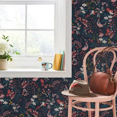 Joules Fields Edge Floral 33' L X 21" W Wallpaper Double Roll In French Navy,red,pink,green