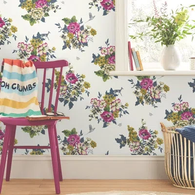 Joules Floral 33' L X 21" W Wallpaper Double Roll In Ivory,green,pink