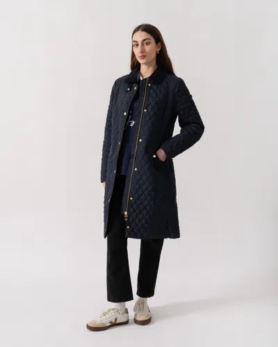 Joules Rosewell Womens Long Diamond Quilt Jacket In Blue