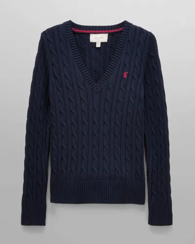 Joules Womens Classic Cable Knit V-neck Jumper In Navy