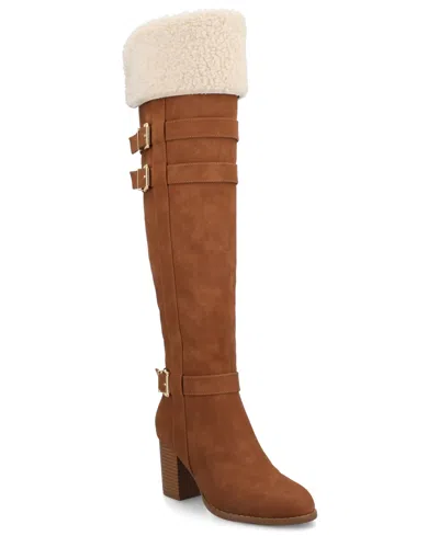 JOURNEE COLLECTION JOURNEE WOMEN'S ALYZA BUCKLE DETAIL OVER-THE-KNEE INSIDE ZIPPER ALMOND TOE COMFORT SHERPA BOOTS