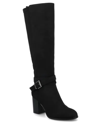 JOURNEE COLLECTION JOURNEE WOMEN'S AVALONN BUCKLE STRAP KNEE HIGH STACKED HEEL INSIDE ZIPPER COMFORT DRESS BOOTS
