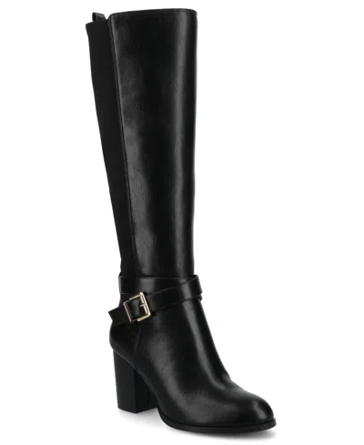 JOURNEE COLLECTION JOURNEE WOMEN'S AVALONN BUCKLE STRAP KNEE HIGH STACKED HEEL INSIDE ZIPPER COMFORT DRESS BOOTS