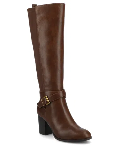 JOURNEE COLLECTION JOURNEE WOMEN'S AVALONN BUCKLE STRAP KNEE HIGH STACKED HEEL INSIDE ZIPPER EXTRA WIDE-CALF COMFORT DR