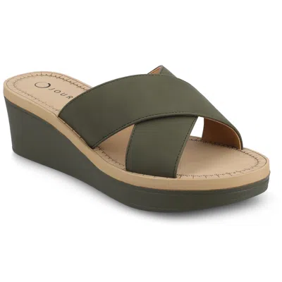 Journee Collection Women's Biara Crisscross Platform Wedge Sandals In Olive