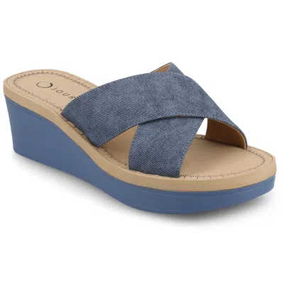 Journee Collection Women's Biara Crisscross Platform Wedge Sandals In Denim