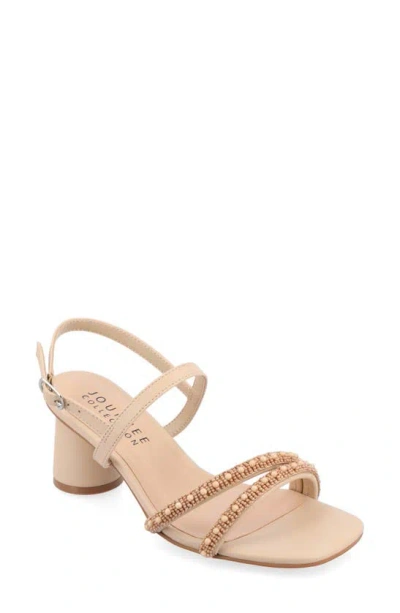 Journee Collection Lornnah Beaded Strap Block Heel Sandal In Nude