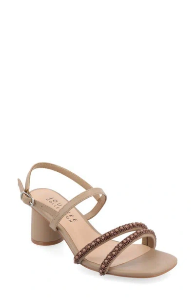 Journee Collection Lornnah Beaded Strap Block Heel Sandal In Taupe