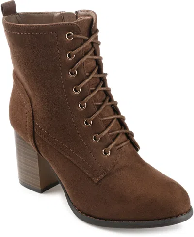 Journee Collection Women's Baylor Lace Up Stacked Heel Booties In Brown Micro