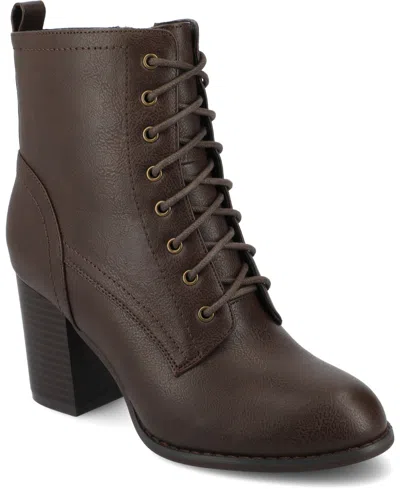 Journee Collection Women's Baylor Lace Up Stacked Heel Booties In Brown Pu