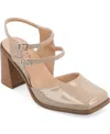 Journee Collection Women's Caisey Double Strap Square Toe Block Heel Pumps In Taupe Patent