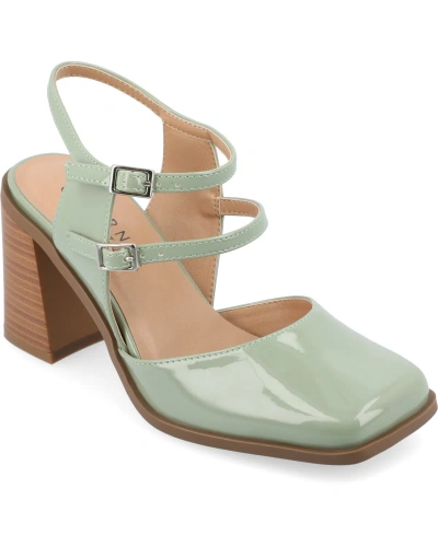 Journee Collection Women's Caisey Double Strap Square Toe Block Heel Pumps In Patent/ Green