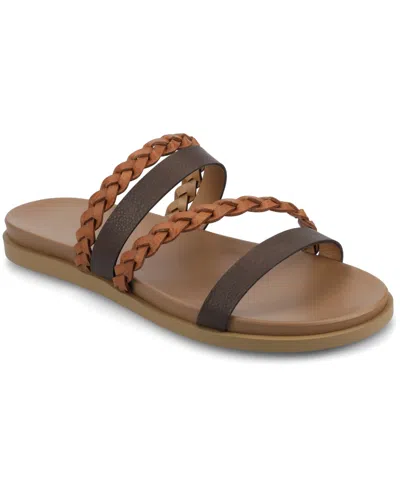 Journee Collection Women's Colette Braided Strappy Open Toe Flat Sandals In Cognac