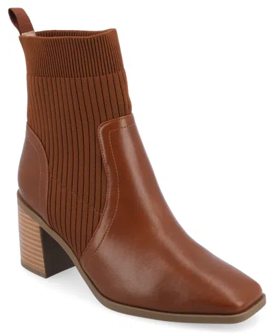 Journee Collection Women's Harlowe Chelsea Knit Block Heel Booties In Cognac