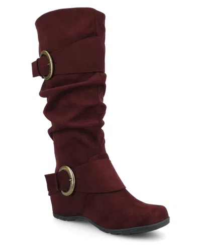 Journee Collection Women's Jester Wide Calf Rouched Buckle Mid Shaft Boots In Oxblood