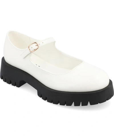 Journee Collection Women's Kamie Lug Sole Mary Jane Flats In Patent,white Faux Leather- Polyurethane