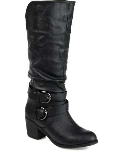 JOURNEE COLLECTION WOMEN'S LATE WIDE CALF ROUCHED BUCKLE MID SHAFT BLOCK HEEL BOOTS