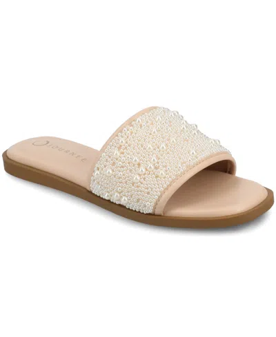 Journee Collection Women's Precly Faux Pearl Single Band Flat Sandals In Blush