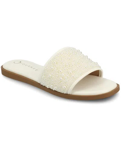 Journee Collection Women's Precly Faux Pearl Single Band Flat Sandals In White