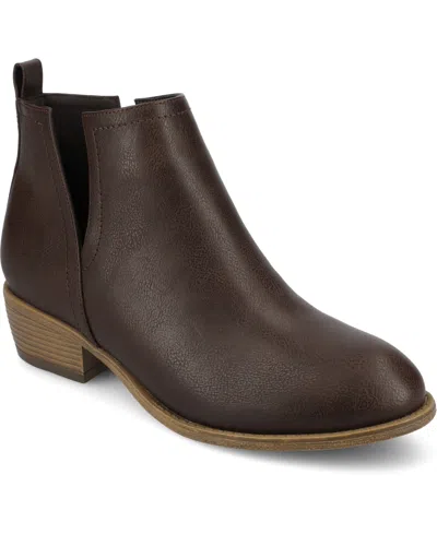 Journee Collection Women's Rimi Notched Ankle Stacked Heel Booties In Dark Brown Polyurethane