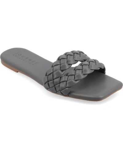 Journee Collection Women's Sawyerr Tru Comfort Foam Wide Width Dual Braided Band Slide Sandals In Gray Faux Leather- Polyurethane