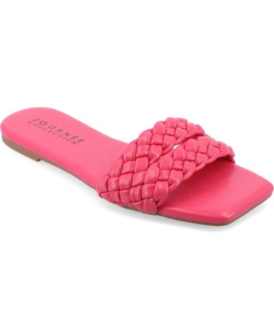 Journee Collection Women's Sawyerr Braided Single Band Flat Sandals In Pink Faux Leather- Polyurethane