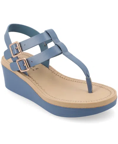 Journee Collection Womens Bianca Medium And Wide Width Comfort System Wedge Heel Buckle Sandals In Blue