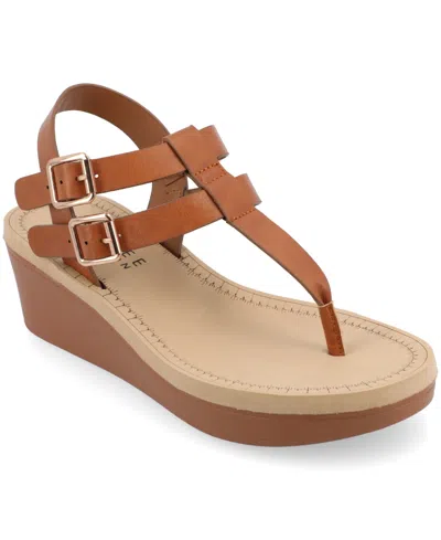 Journee Collection Womens Bianca Medium And Wide Width Comfort System Wedge Heel Buckle Sandals In Brown