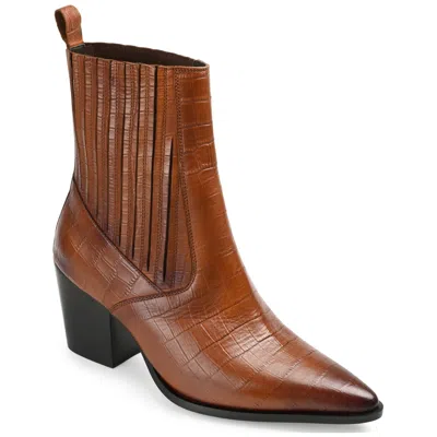 Journee Signature Womens Genuine Leather Markka Pointed Toe Stacked Chelsea Booties In Brown