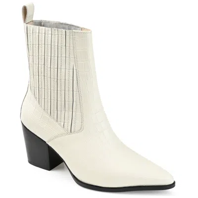 Journee Signature Womens Genuine Leather Markka Pointed Toe Stacked Chelsea Booties In White