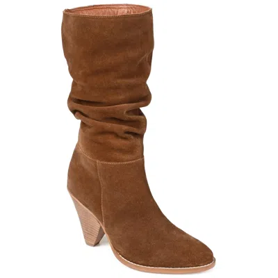 Journee Signature Womens Genuine Leather Syrinn Almond Toe Inside Zip Mid Calf Boots In Brown