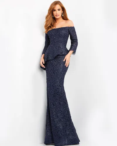 Jovani 00455 Formal Long Peplum Prom Glitter Dress In Blue