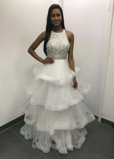 Jovani 00461 Long Tiered A Line Wedding Dress In White