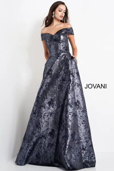 Jovani 03674 Long A Line Metallic Formal Prom Dress In Blue