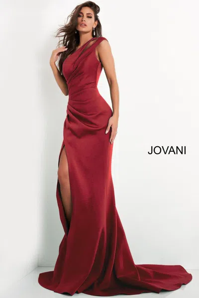 Jovani 04222 One Shoulder Long Mermaid Gown In Burgundy