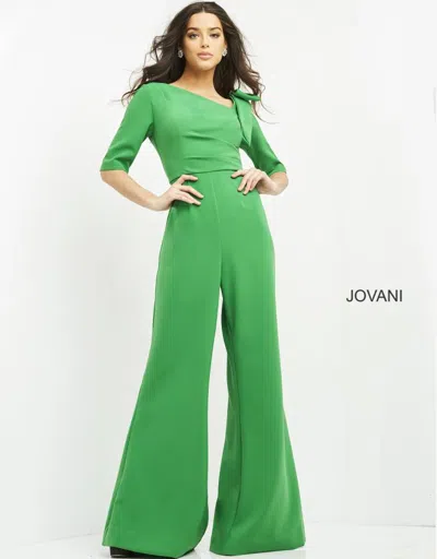 Jovani 04284 High Low Neckline Long Formal Jumpsuit In Green