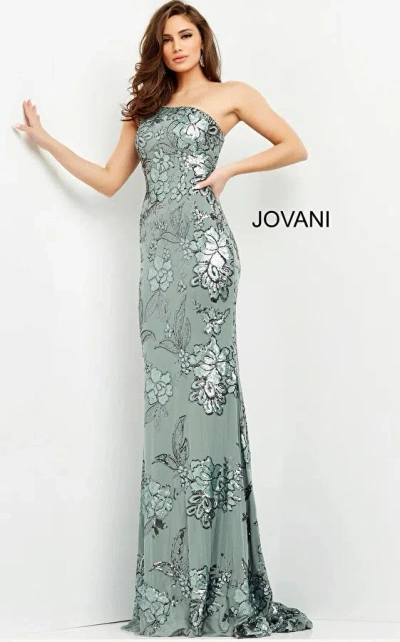 Jovani 04331 Fitted Long Floral Formal Prom Sequin Dress In Green