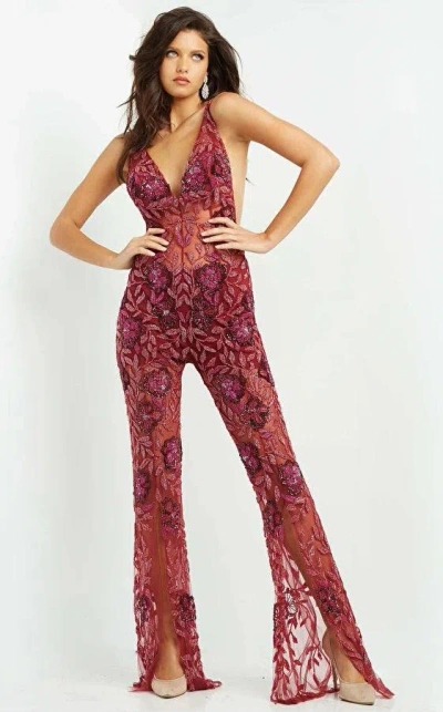 Jovani 04402 Sexy Formal Halter Beaded Jumpsuit In Burgundy