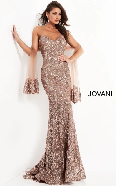 Jovani 05054 Mother Of The Bride Strapless Sequin Shawl Dress In Brown