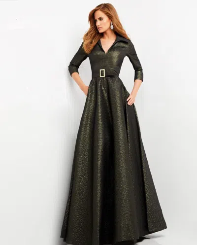 Jovani 05075 Long Pleated A Line Metalic Formal Prom Dress In Green