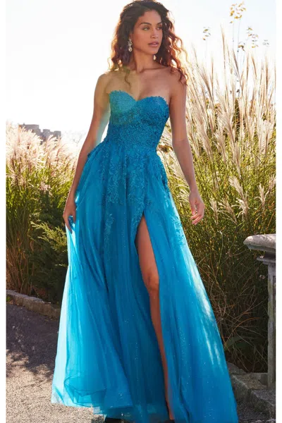 Jovani Strapless Lace Glitter Toole Ballgown In Turqoise In Multi