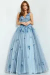 Jovani 06286 Long Formal Ball Gown Floral Applique Prom Dress In Blue