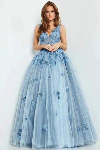 Jovani 06286 Long Formal Ball Gown Floral Applique Prom Dress In Blue