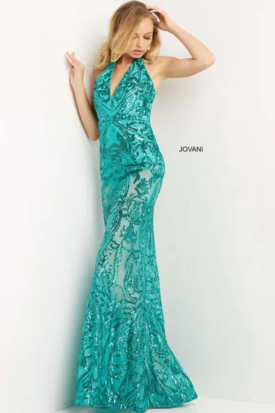 Jovani 06528 Halter Long Sexy Prom Dress In Green